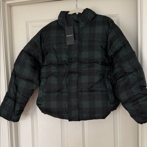 Fabletics Black and Green Plaid Puffer Jacket